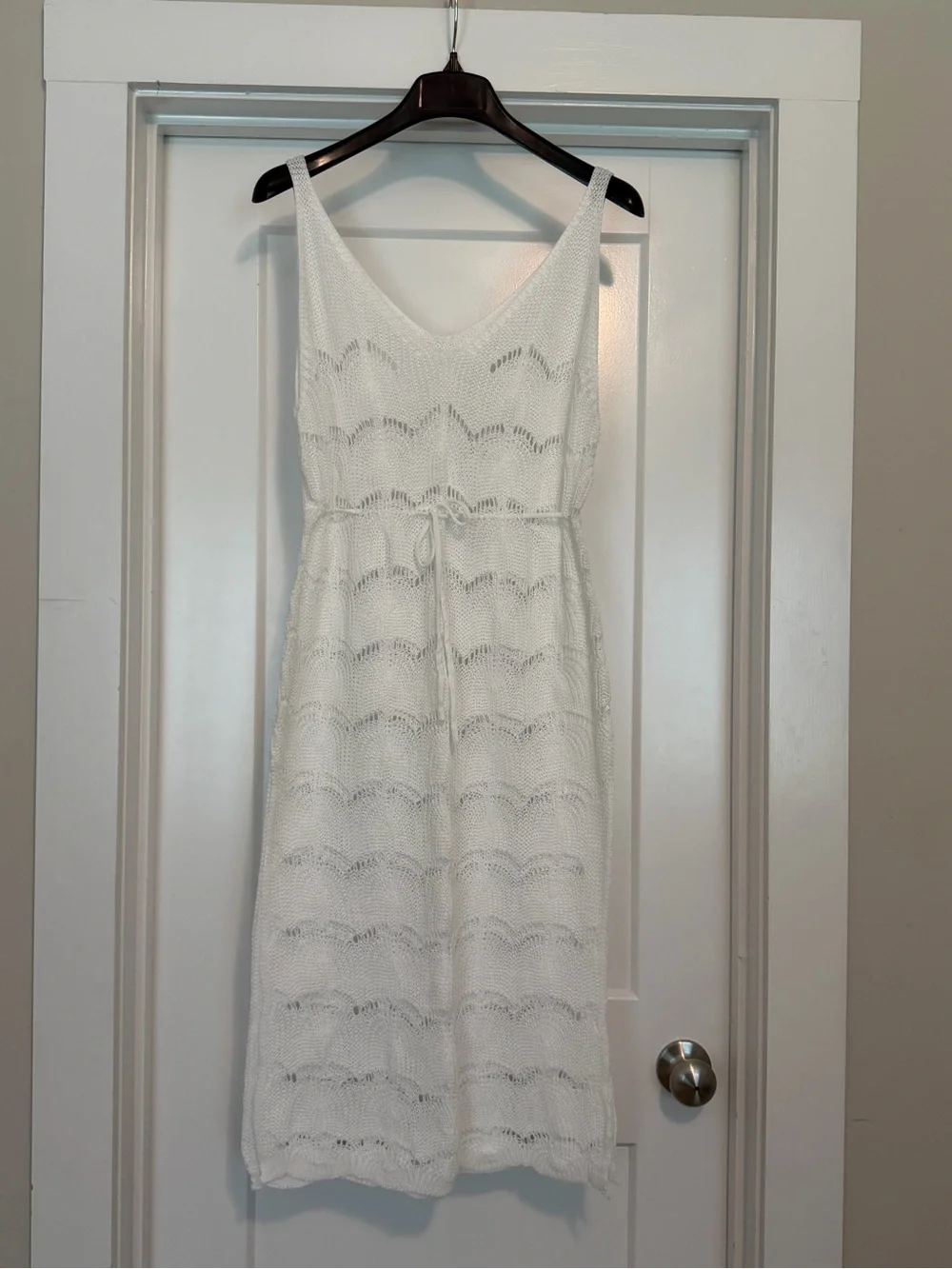 White V-Neck Knit Sundress with Drawstring Waist